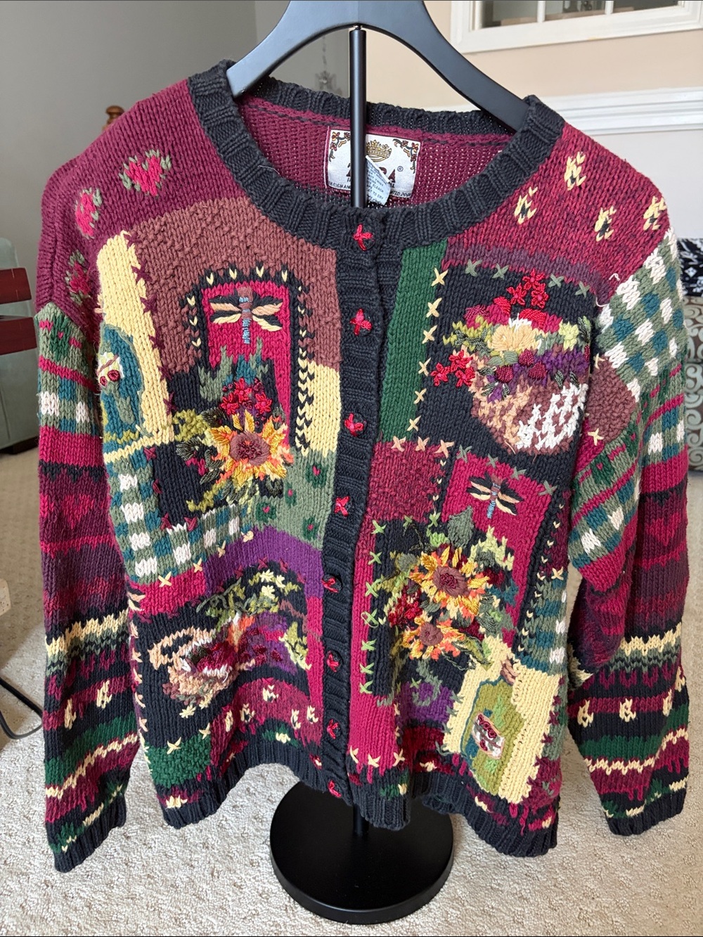 Vintage Tiara Internnational Patchwork Cardigan Sweater in Burgundy